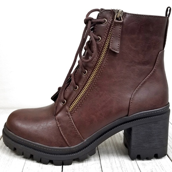 New Brown Combat Lace Up Lug Ankle Boots Booties - Picture 3 of 6